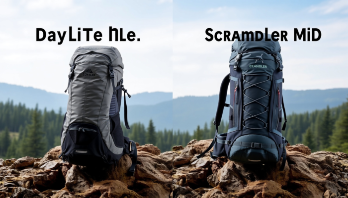 Side-by-side comparison of a budget-friendly Daylite Hiker backpack and a premium Scrambler Mid backpack in a natural outdoor setting, highlighting their unique designs and features on rocky terrain with a forest backdrop.