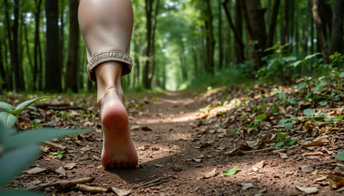 Person walking barefoot on a serene forest path, surrounded by soft earth and leaves, symbolizing freedom and connection to nature.