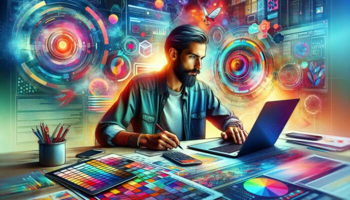 A content creator using WordPress on a laptop and Canva on a tablet, with screens showing repurposed content in a vibrant digital workspace.