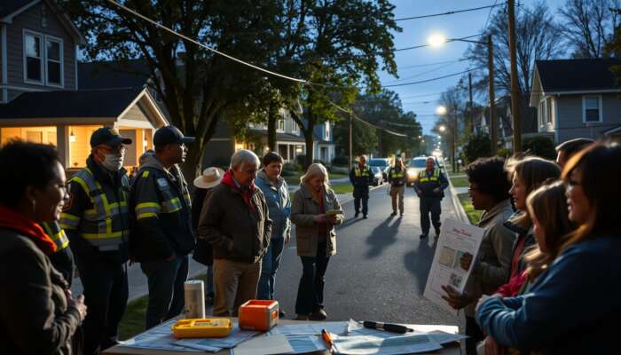 Diverse community members participating in a neighbourhood watch program and safety workshop, patrolling a well-lit street with maps and safety tools, highlighting collaboration and safety awareness.