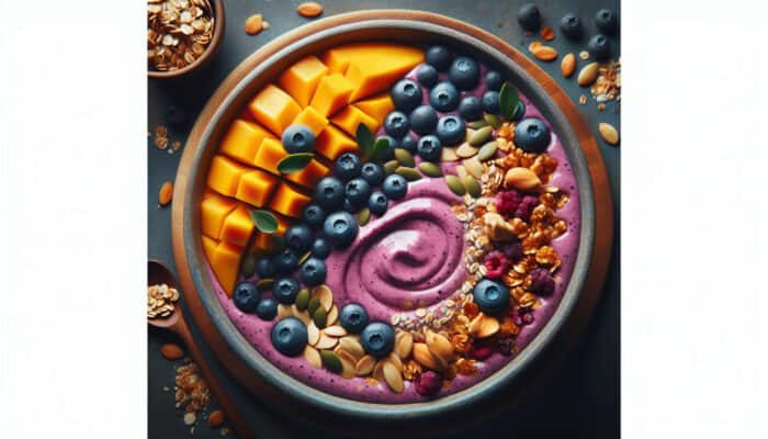 A vibrant smoothie bowl with creamy base, orange mango slices, purple blueberries, crunchy granola, seeds, and nut butter along the edges.