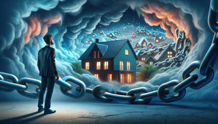 A worried homebuyer in Klerksdorp examines financial documents with high debt ratios, as chains wrap a dream house, symbolising loan barriers.