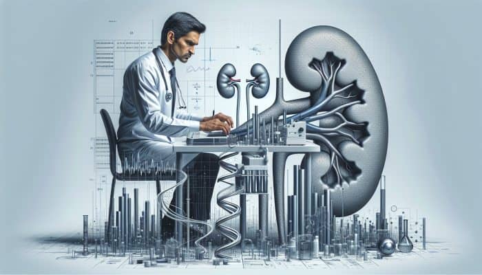 A focused medical professional in a modern UK lab analyzes eGFR results on a digital screen with precise graphs and 3D kidney models.