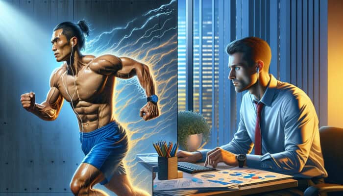 An athlete recovering energetically post-workout and a focused office worker at a desk, illustrating CoQ10's energy boost.