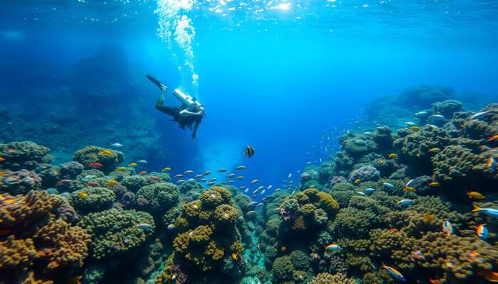 Divers exploring the Great Blue Hole, surrounded by vibrant coral reefs and schools of colourful fish, with sunlight filtering through the water's surface.