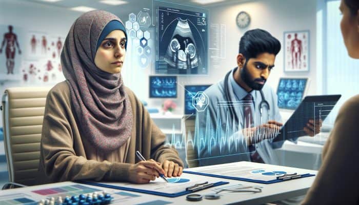 Pregnant woman in UK hospital undergoing blood test for ectopic pregnancy, as doctor reviews low hCG charts and ultrasound scans.