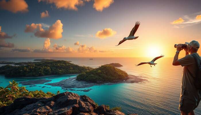 A birdwatcher with binoculars observes a magnificent frigatebird soaring above Belize's Bird Islands at sunrise, while a brown pelican dives into the turquoise waters nearby, illustrating the beauty of birdwatching in a serene natural setting.