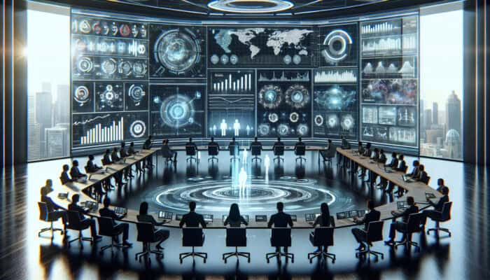 Experts in a futuristic conference room analyzing predictive analytics on holographic screens with data charts and video tools.
