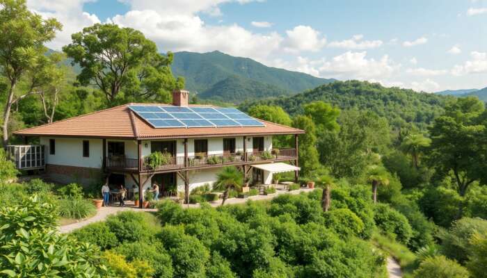 Eco-friendly hotel in San Miguel de Allende featuring solar panels, rainwater harvesting, and local staff practicing sustainability in a lush green setting.