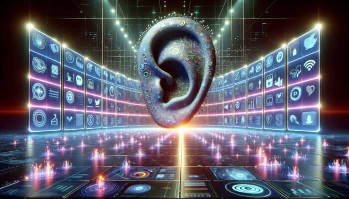 Massive ear woven from social media icons hovers over glowing video screens, revealing data streams and holographic graphs in a neon digital landscape.