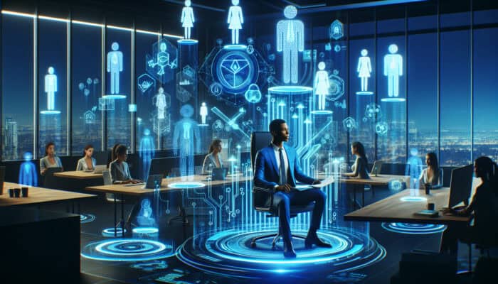 A confident entrepreneur at a sleek desk in a futuristic office, surrounded by holographic virtual assistants and ascending growth charts.