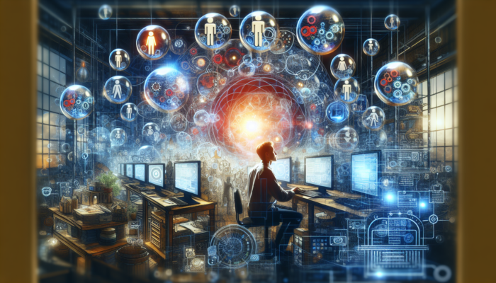 Small business owner in a bustling workshop, surrounded by glowing screens showing e-commerce sites, rising graphs, and happy customers, symbolizing growth.