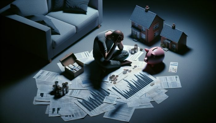 Stressed individual in dimly lit UK home amid bills, child support documents, two house models, cracked piggy bank, and rising expense graphs, symbolizing post-separation budgeting challenges.