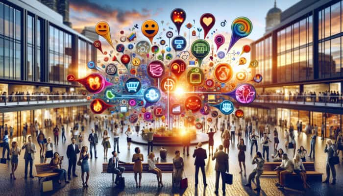 Vibrant advertisements evoking joy, fear, and desire influence a diverse, excited crowd in a bustling urban plaza at sunset.