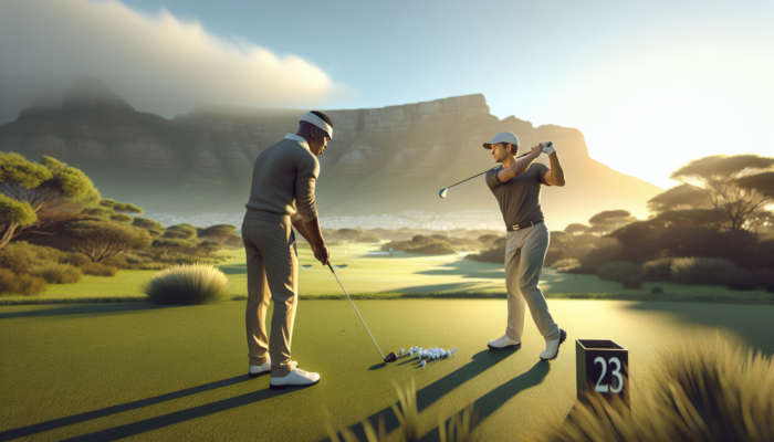 A professional golf instructor demonstrates swing techniques in South Africa's savanna, with a student practicing near Table Mountain under golden sunlight.