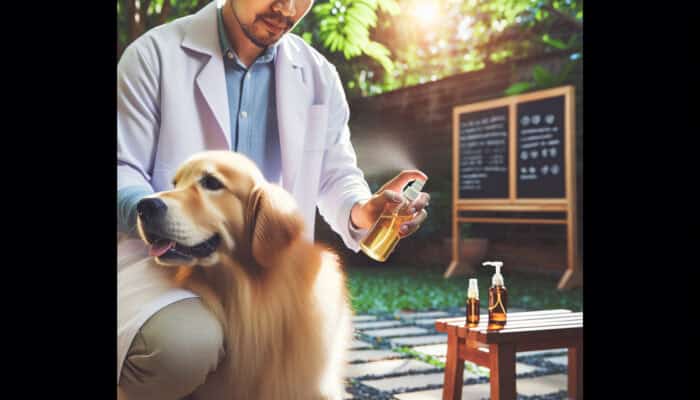 A caring owner applies natural flea repellent spray to a calm golden retriever in a sunny backyard.