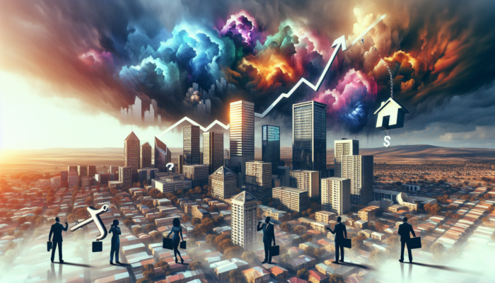 Bloemfontein's vibrant skyline with towering banks, rising interest graphs as storm clouds, and home buyers burdened by oversized keys.