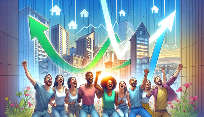 Excited diverse first-time buyers in Bloemfontein view affordable homes under a banner of falling interest rates and market growth graphs.