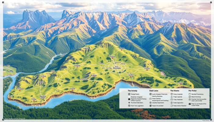 A detailed map featuring symbols like a star for cities and lines for rivers and roads, accompanied by a legend, set in a vibrant landscape with mountains and forests.