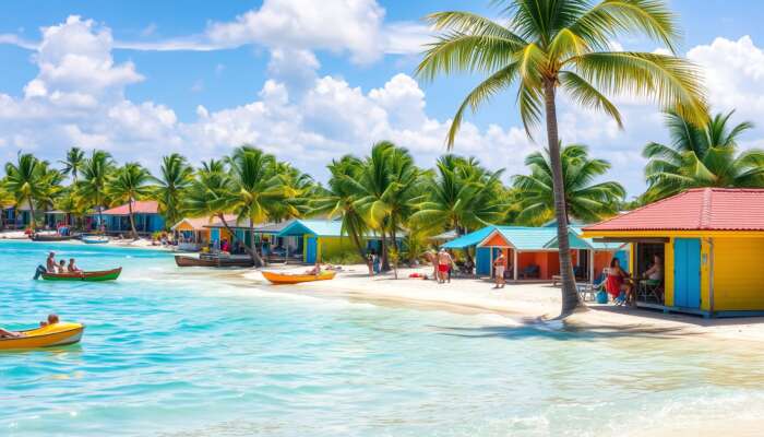Tropical beach scene in San Pedro, Belize, featuring colorful beach huts, palm trees, turquoise waters, and people enjoying water sports and local cuisine.
