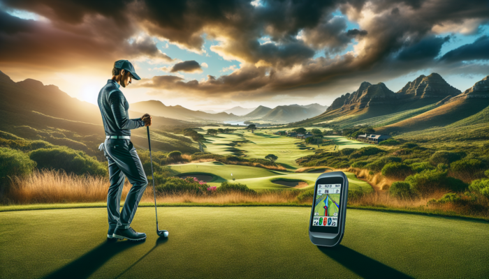 A South African golfer checks a sleek GPS device on a lush, hilly fairway at Clovelly Country Club, under a dramatic sky with mountains.