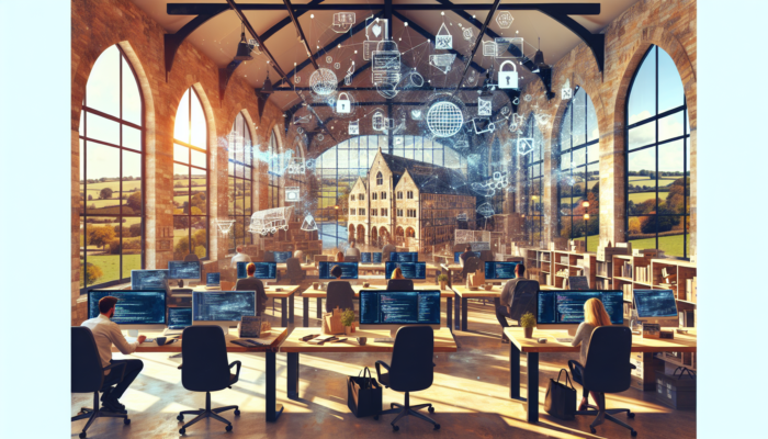 Dynamic office environment in historic Stroud where ecommerce developers collaborate on digital shopping interfaces, surrounded by Cotswolds views and natural light.