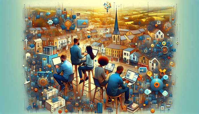 Collaborative team of diverse developers in a contemporary Stroud office working on ecommerce projects, surrounded by UK maps, laptops, and town views.