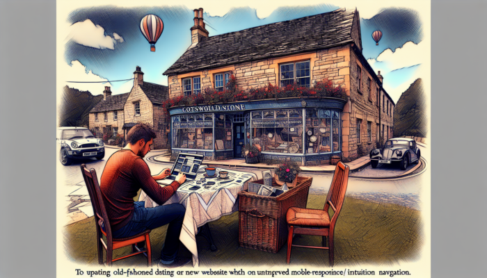 Website Redesign for Painswick Small Businesses: A designer updates a website on a laptop inside a quaint Cotswold stone shop in Painswick, enhancing layout for better user engagement.