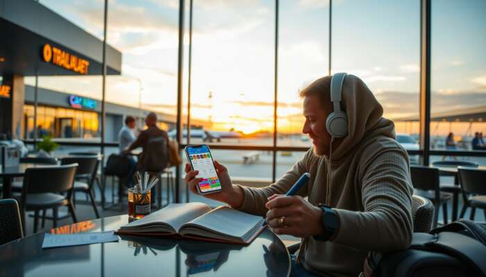 A traveller at an airport café checks a smartphone app with colourful expense categories, while writing in a notebook, surrounded by travel items under a sunset sky.