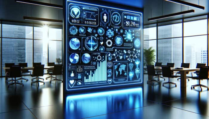 Modern digital dashboard displaying social SEO graphs for a hosting company, showing engagement rates, traffic sources, and conversions with glowing icons.