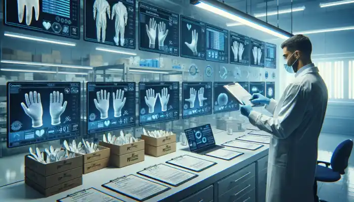 Quality assurance specialist evaluating latex gauntlet glove samples in a sterile laboratory, surrounded by checklists, packaging, and tablets under bright lighting.