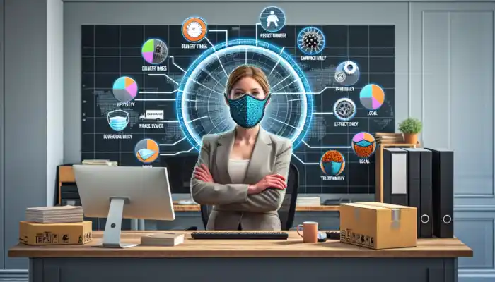 Business analyst in a modern Darlington office analysing PPE suppliers with charts, icons, and tailored masks for enhanced efficiency.