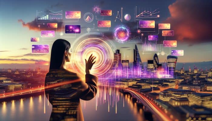 How to Budget After a Debt Consolidation Loan | DCL A diverse financial advisor reviews declining UK interest rate charts in a bustling London skyline at dusk, with credit cards merging into a glowing loan document.