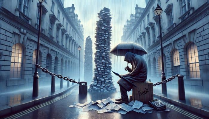 A weary person hunches under an umbrella on a rainy London street, surrounded by stacks of debt letters and chains, showing anxiety and despair.