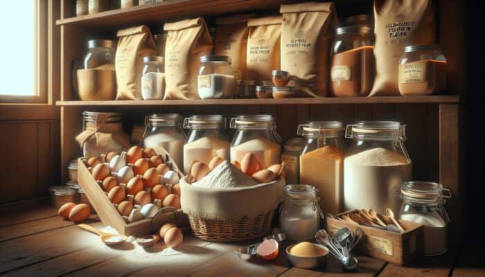 Top Dessert Recipes with Five Ingredients: A well-stocked pantry shelf with bags of flour, jars of sugar, eggs in a basket, and baking tools in warm golden light.