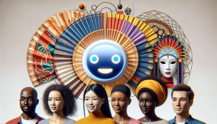Cultural Sensitivity in Human Virtual Assistant Exchanges: Virtual assistant interface with symbols from Japanese, African, and Native American cultures, engaging users respectfully.