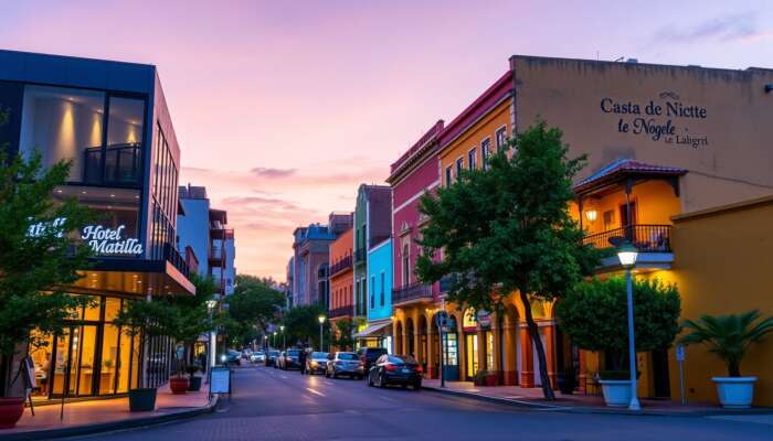 Vibrant dusk scene in San Miguel de Allende: modern boutique hotel, cosy guesthouse, and simple hostel among colourful buildings.
