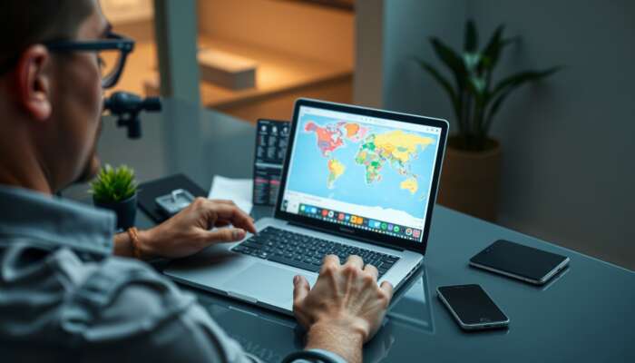 A traveler at a sleek desk organising vacation logistics on a laptop, showcasing flight bookings, hotel reservations, and a colourful itinerary map.