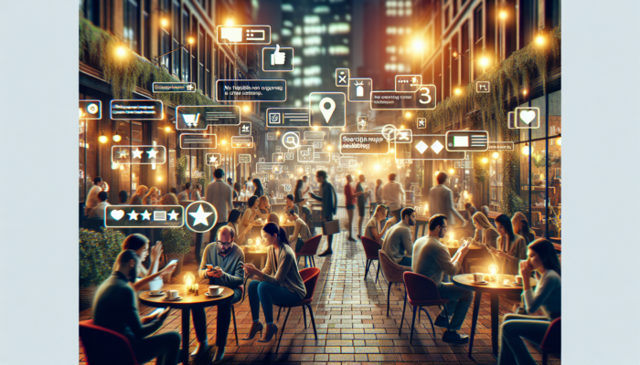 A busy city street with a local coffee shop, customers using smartphones for maps and reviews, people chatting in warm, energetic lighting.