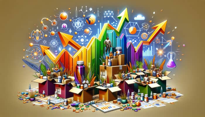 Colourful subscription boxes overflowing with health supplements, surrounded by upward-trending graphs, innovative lab equipment, and smiling customers, symbolising market growth.
