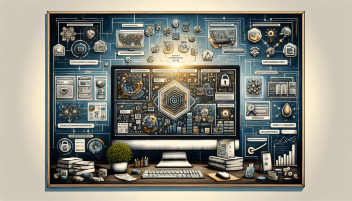 A vibrant illustration of a WooCommerce dashboard on a computer screen with icons for security, payments, SEO, and analytics plugins.
