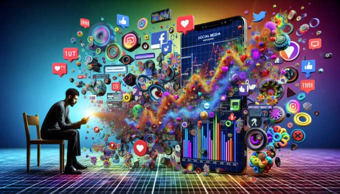 A vibrant smartphone screen shows TikTok analytics with rising graphs for views, engagement, and conversions; a creator analyzes data amid icons and thumbnails.