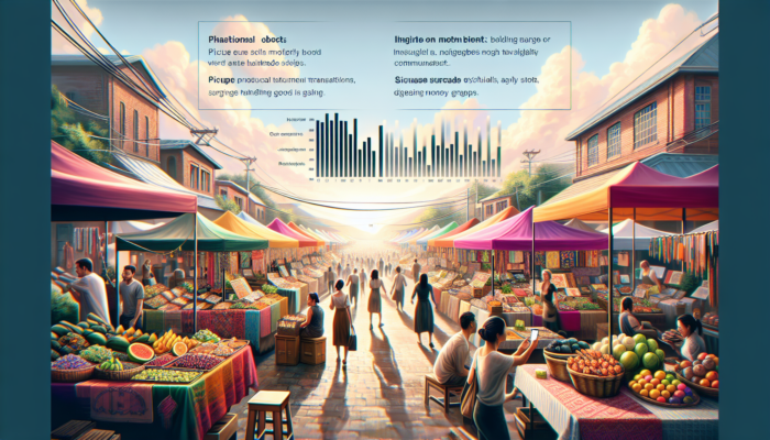 Bustling local market with WooCommerce stalls displaying handmade goods on screens, customers browsing apps, and rising sales graphs under a sunny sky.