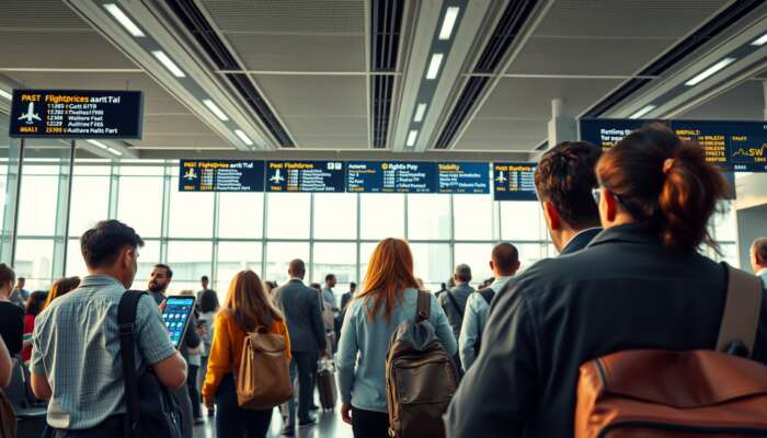 A bustling airport lounge filled with diverse travellers checking flight prices and schedules on digital screens, amid news headlines on global stability.