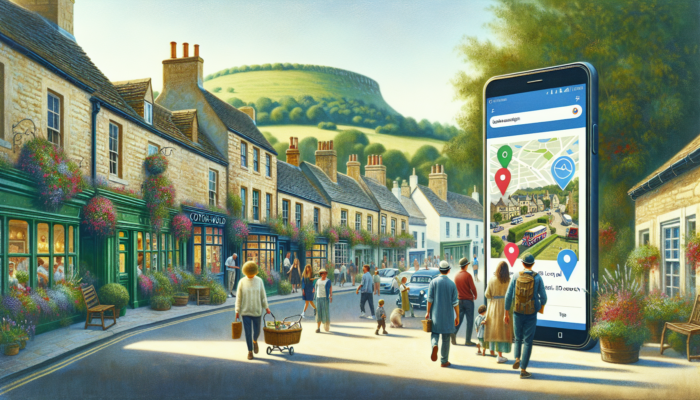 A vibrant Stow-on-the-Wold shop front with foot traffic, a smartphone showing local SEO results, under a sunny sky with green hills.
