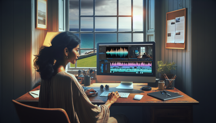 A small business owner in a Swanage coastal office edits video using DaVinci Resolve, with seaside views and local music waveforms.