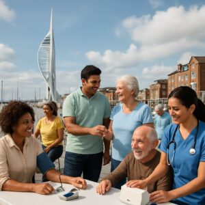 Diverse locals smiling during FBC health tests in Portsmouth harbor under Spinnaker Tower.