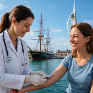 Doctor performing FBC blood test on smiling patient in Portsmouth harbor, with Spinnaker Tower and ships.