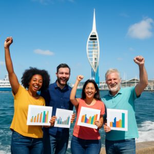 Diverse people celebrating FBC test benefits in Portsmouth harbor under Spinnaker Tower.