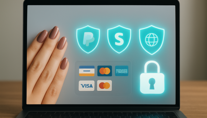 Modern checkout interface displaying PayPal, Stripe, WorldPay icons, secure locks, and encryption shields.